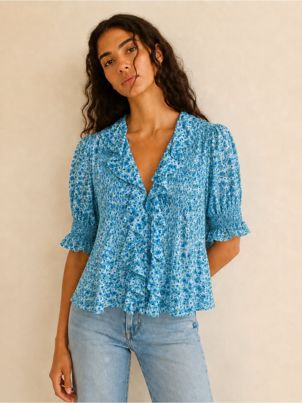 DÔEN Henri Bleu Daisy Fields Organic Cotton Voile Blouse XS